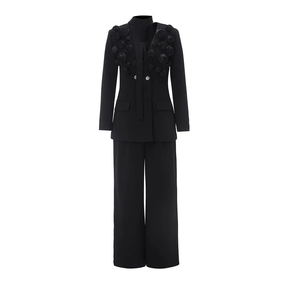 TWOTWINSTYLE Solid Two Piece Set For Women Lapel Long Sleeve Spliced Appliques Coat High Waist Wide Leg Pant Chic Sets Female