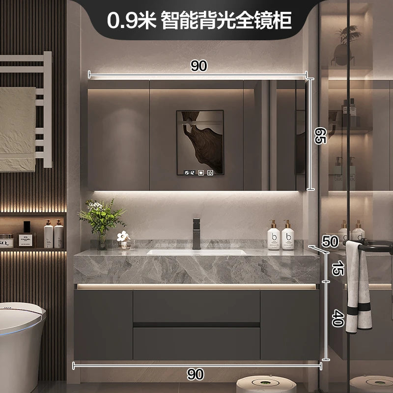 Solid Wood Vanity Cabinet With Marble Countertop And Integrated Mirror Lighting — White | KIMLUD