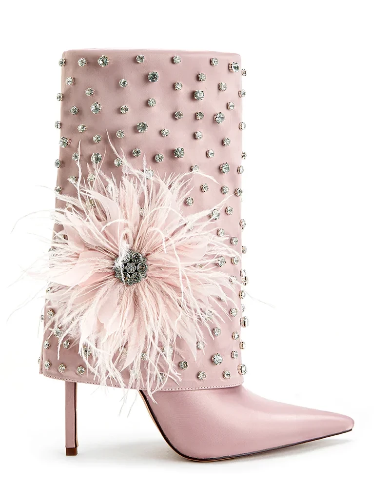 KIMLUD, Pink Glitter Diamond Feather Boots 2023 Women Luxury Crystal Black Pointed Toe Stilettos Shark Booties Big Size Designer Shoes, as photo / 35, KIMLUD APPAREL - Womens Clothes