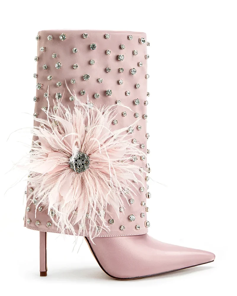 KIMLUD, Pink Glitter Diamond Feather Boots 2023 Women Luxury Crystal Black Pointed Toe Stilettos Shark Booties Big Size Designer Shoes, KIMLUD Womens Clothes