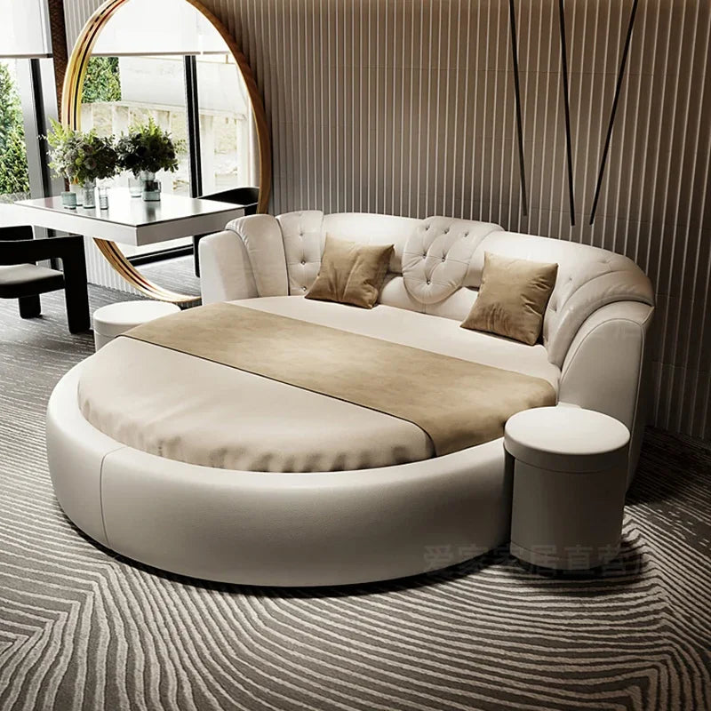 European Style Round Bed Luxury Leather Surface — Ivory White | KIMLUD