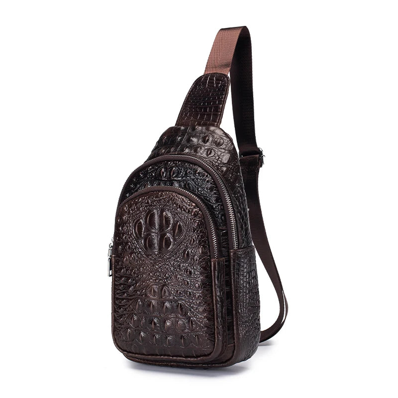 Genuine Leather Crossbody Bag Vintage Crocodile Pattern — Cognac | KIMLUD