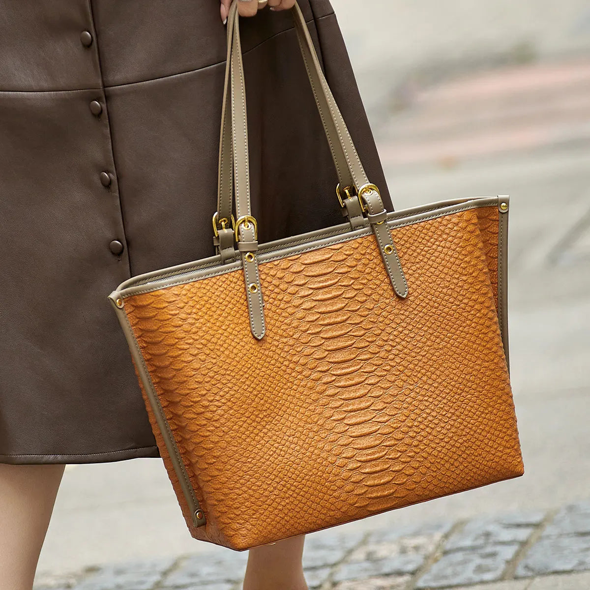 KIMLUD, ZOOLER New Genuine Leather Women Shoulder Bag First LayerTote Original Design Serpentine Pattern Large Handbag Solid Big#BY213, Orange, KIMLUD Women's Clothes