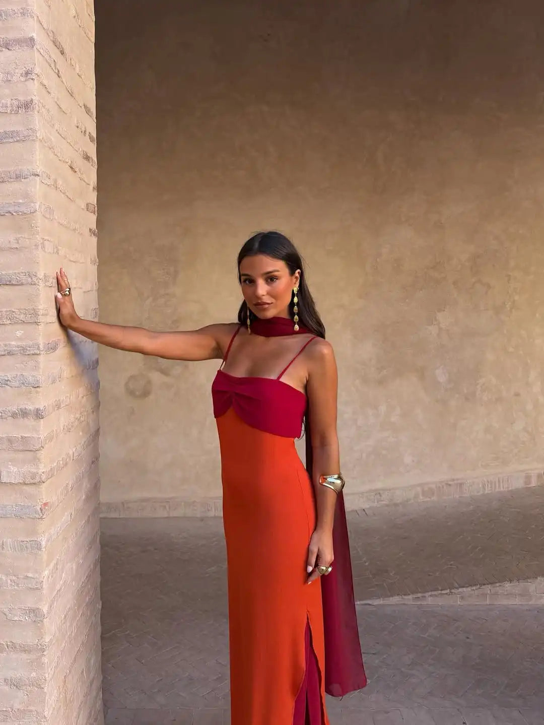 Color Blocking Sling Dress Scarf Collar — Orange Burgundy | KIMLUD