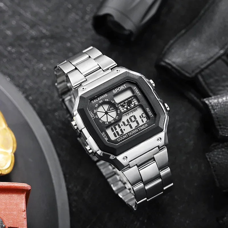 Stainless Steel Digital Watch Military LED Display — Silver | KIMLUD