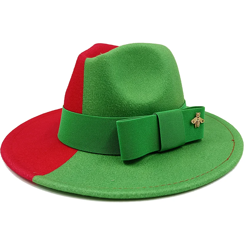 Wholesale Fedora hats Winter round concave convex surface flat top bow elastic ribbon men&#39;s and women&#39;s felt jazz hats Fedora - KIMLUD