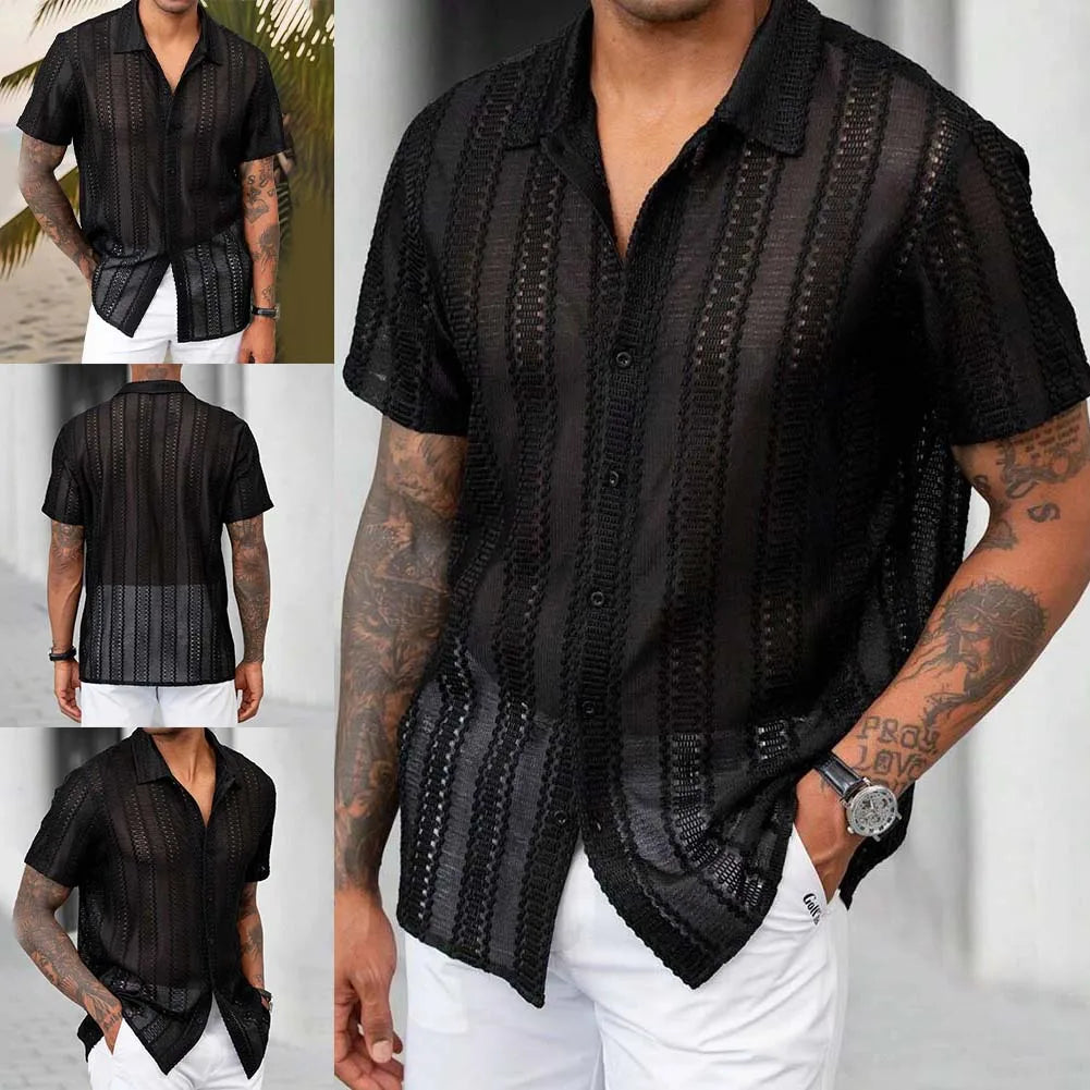 Lace Mesh Shirt Three Quarter Sleeve Silky Texture With Subtle Stretch For Summer — Black | KIMLUD