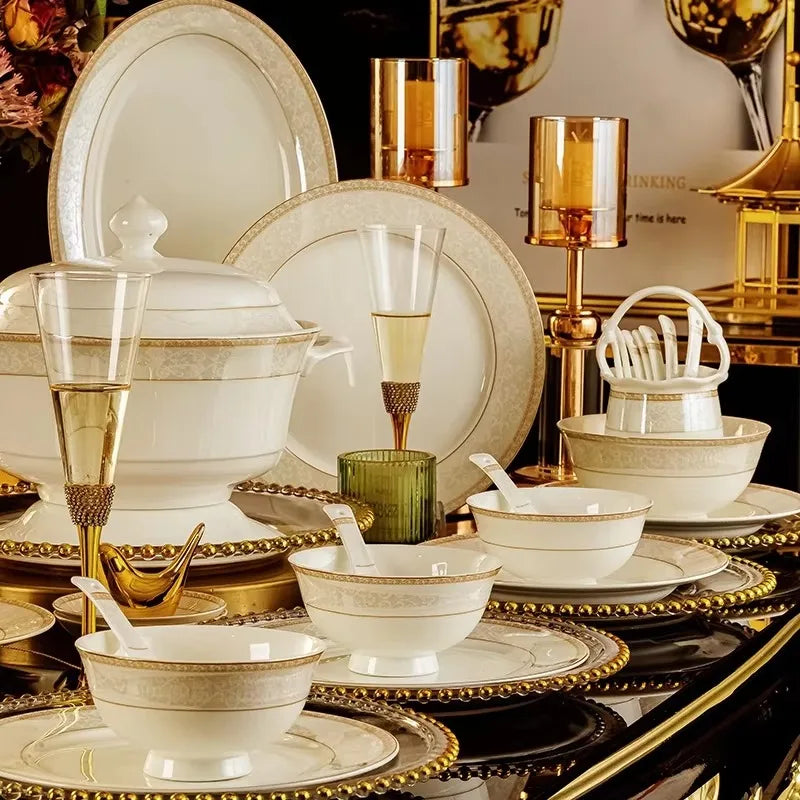 Bone China Tableware Set 60-Piece Hand-Painted Gold — White | KIMLUD