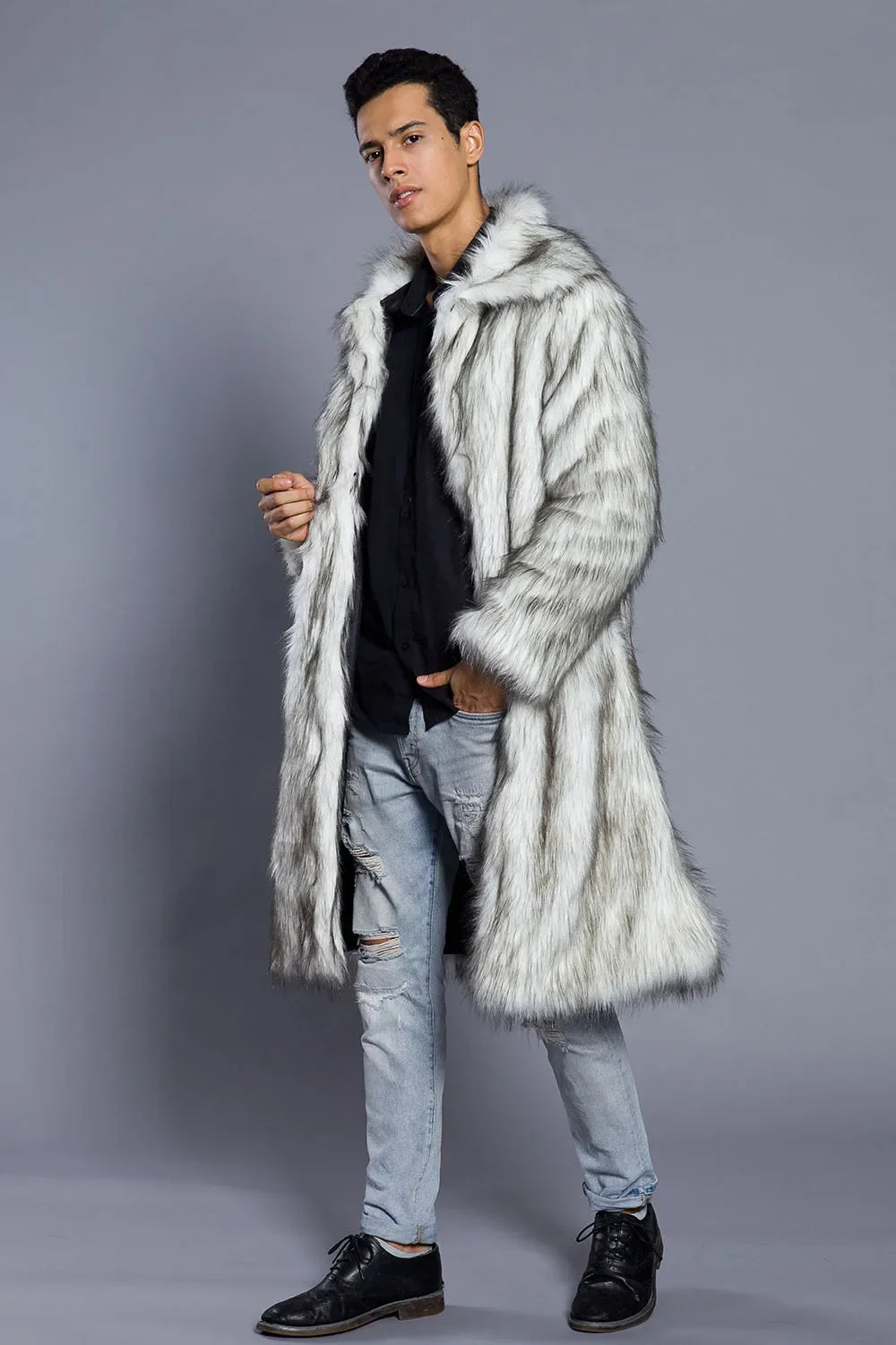 Men's Faux Fur Coat - Long Coat - Faux Fur | KIMLUD