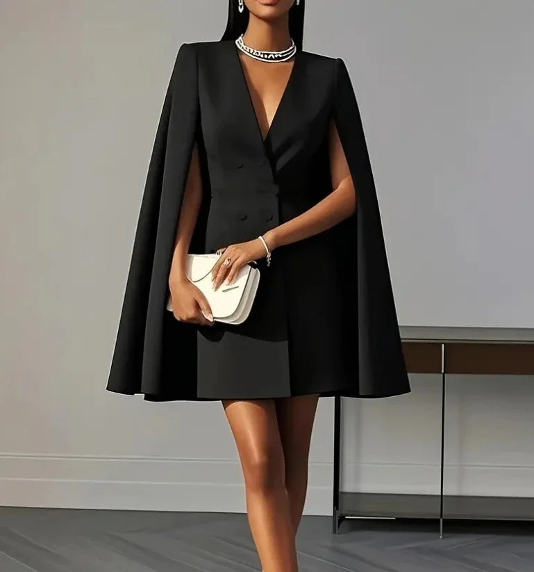 Double-Breasted Shawl Cape Mini Dress V-Neck — Black | KIMLUD