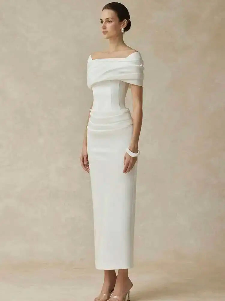 Polyester Slash-Neck Pleated Back Ankle-Length Evening Dress — Black | KIMLUD