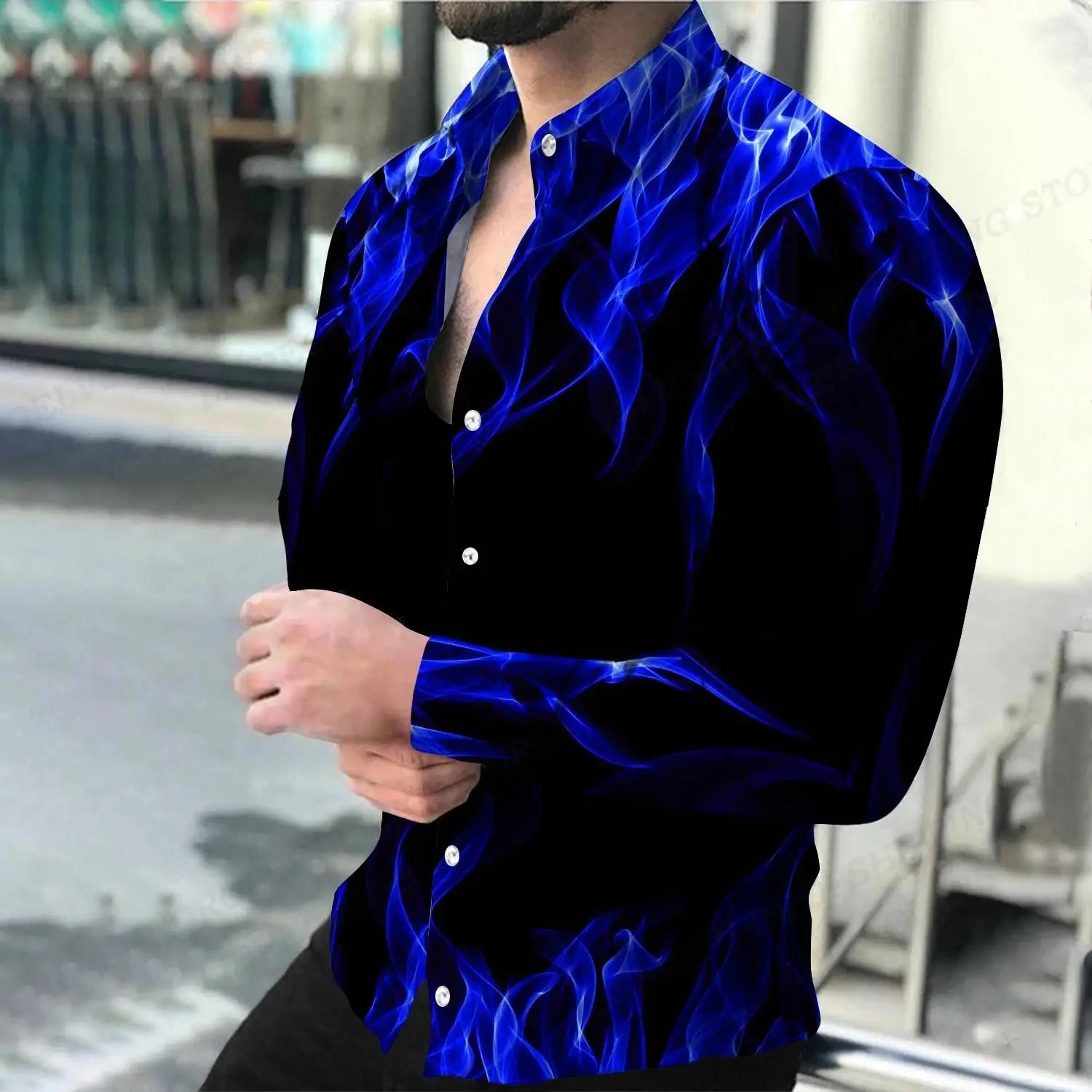 Polyester Flame Print Shirt Long-Sleeve Turn-Down Collar Button-Front — Black | KIMLUD