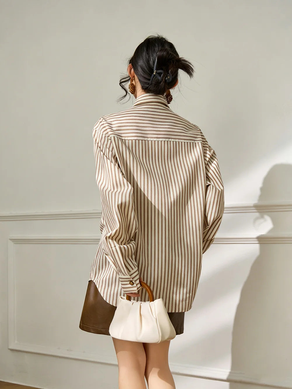 Lapel Blouse Cotton Blend — Brown Striped | KIMLUD