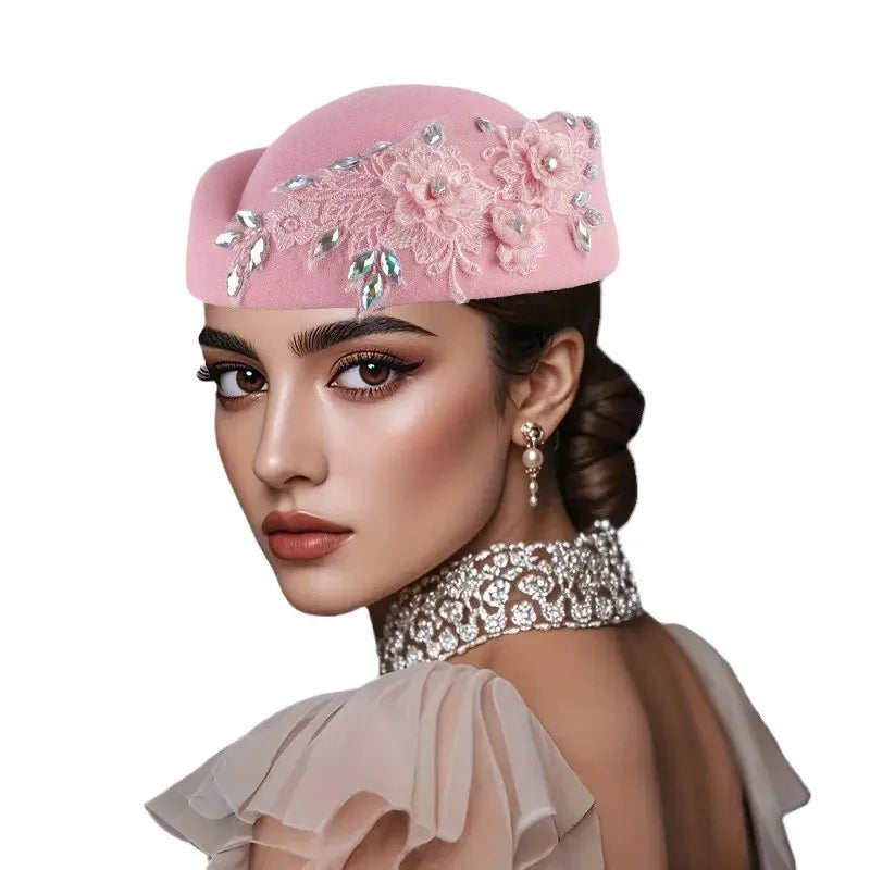 Beret Hat – Flower Embellishment – Polyester – Red and White | KIMLUD