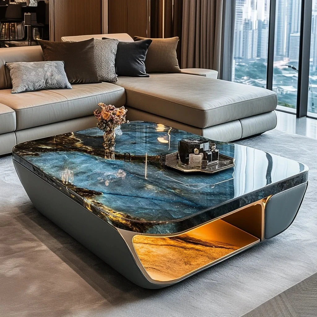 Luminous blue jadeite luxury stone coffee table elegant modern living room advanced design jade minimalist marble villa home