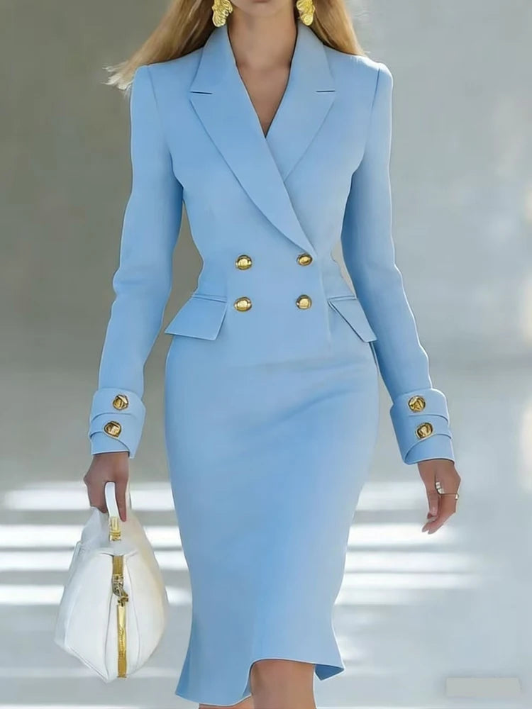 Elegant V-neck Double breasted Blazer Dress Fashion Commute Hight Waist Solid Party Dress Lady Casual Long Sleeve Wrap Hip Dress