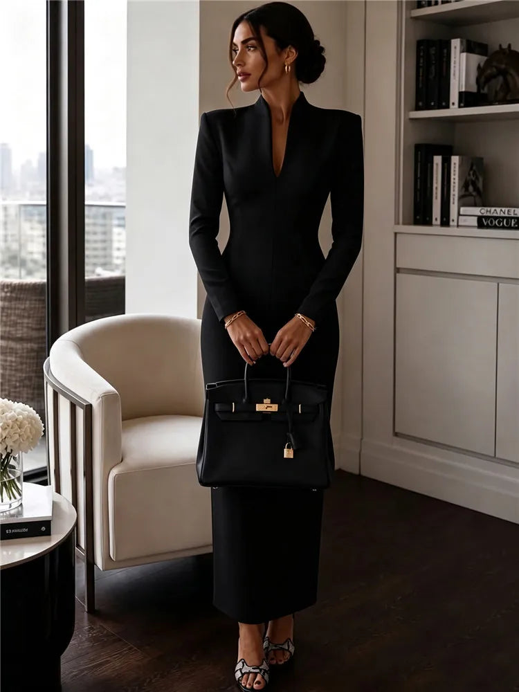 Maxi Dress – V-Neck – Sheath Bodycon – Black | KIMLUD