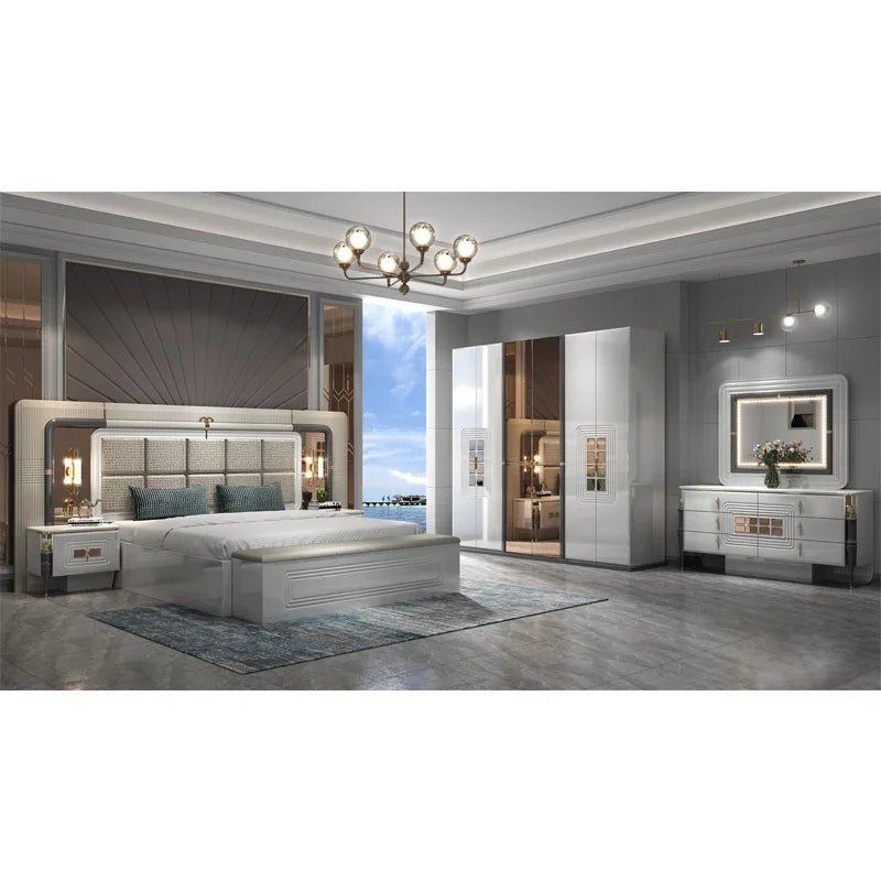 Wood Frame King Size Bed With LED Headboard — Pale Gray | KIMLUD