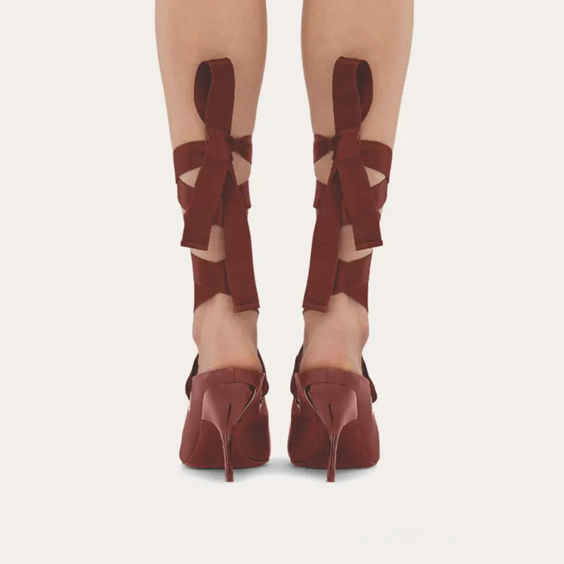 Microfiber Stiletto Ballet Sandals With Delicate Ankle Ribbons For Evening Soirees — Smoky Taupe | KIMLUD