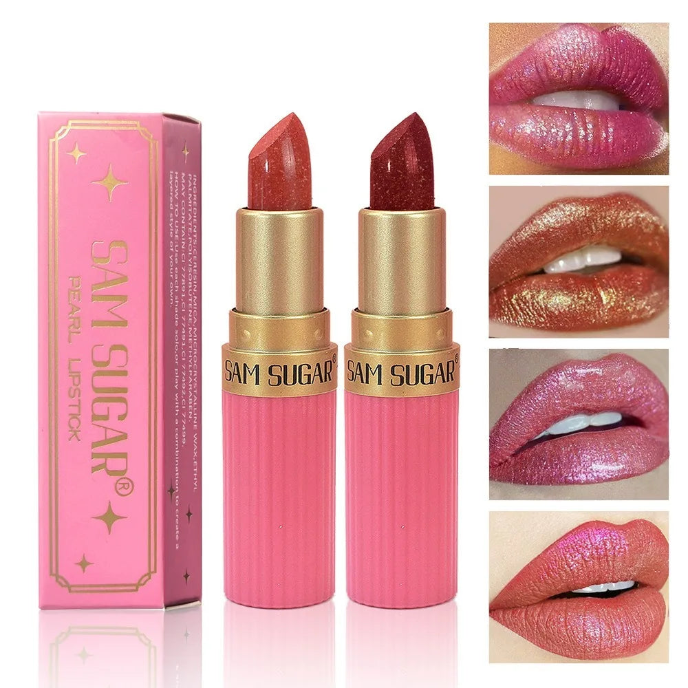Nude Pink Luxurious Metallic Glitter Lipstick Long-Lasting Waterproof Non-Fade Shimmery Pearl Sparkling Brown Lip Gloss Makeup