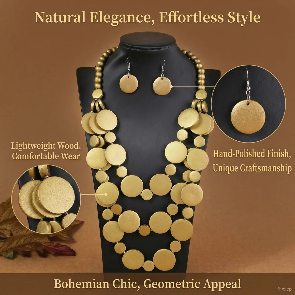 Statement Wooden Bead Solid Jewelry Set — Gold | KIMLUD