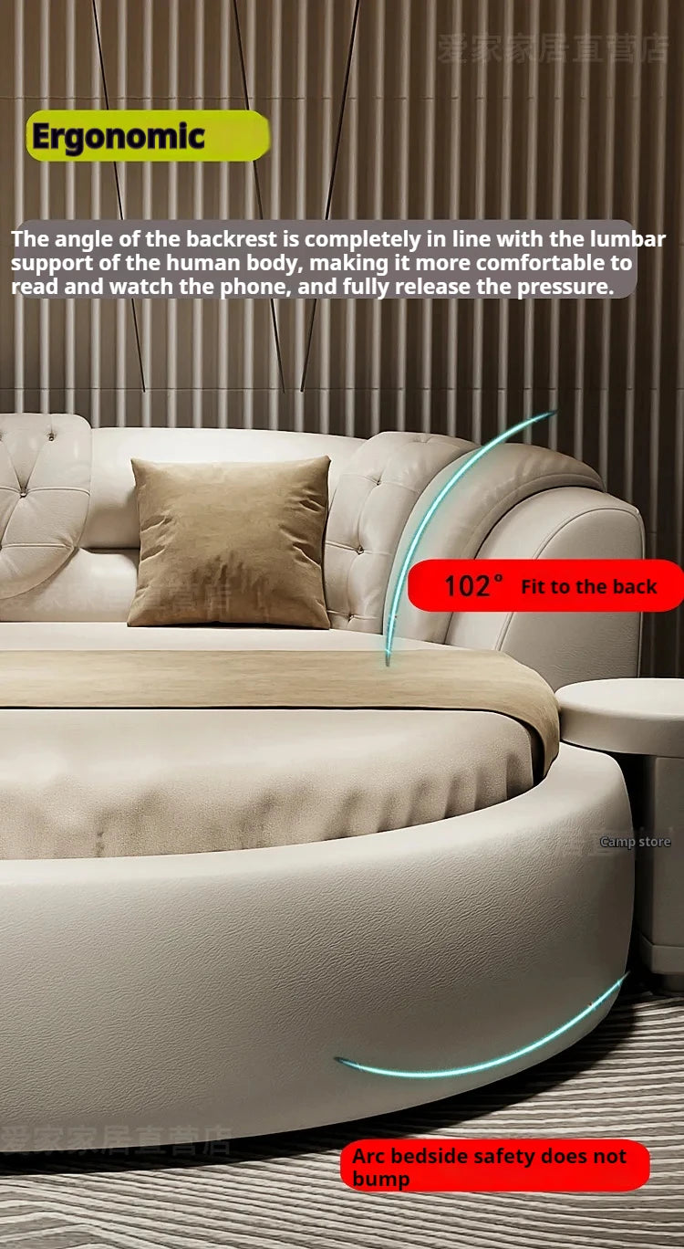 European Style Round Bed Luxury Leather Surface — Ivory White | KIMLUD