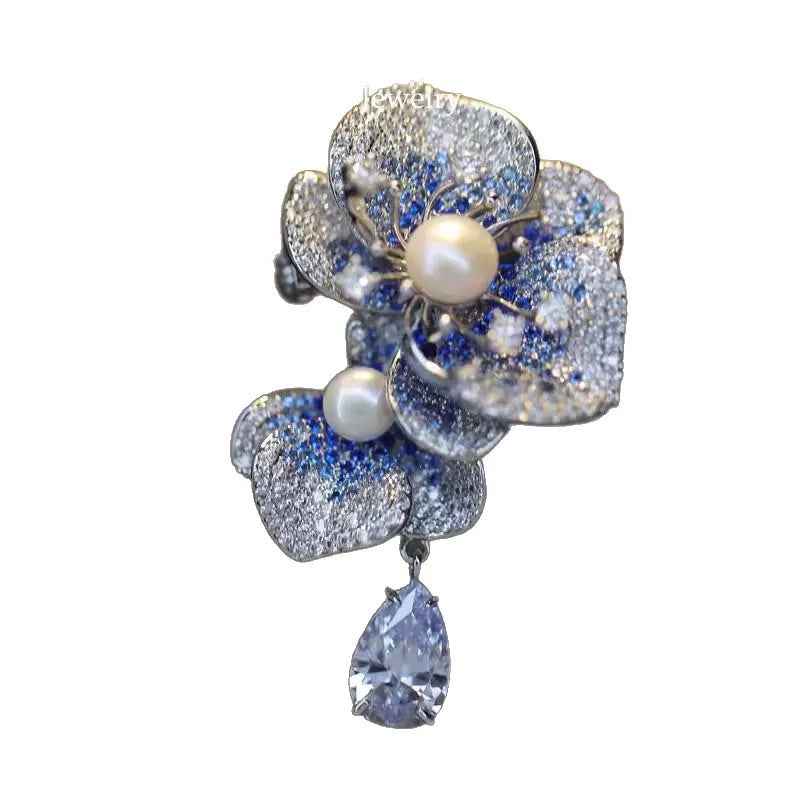 Crystal Zircon Pearl Brooch Flower Phalaenopsis — Blue | KIMLUD