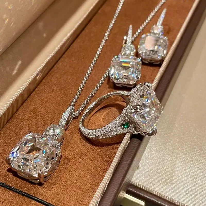 Necklace Earrings Ring Set - Asscher Cut - Zircon | KIMLUD