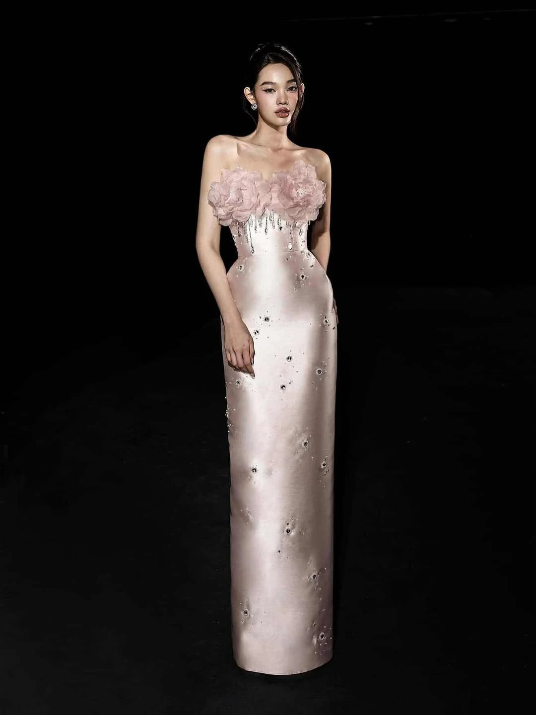 Prom Gown – Strapless Beaded Crystal Satin Maxi Dress – Blush | KIMLUD