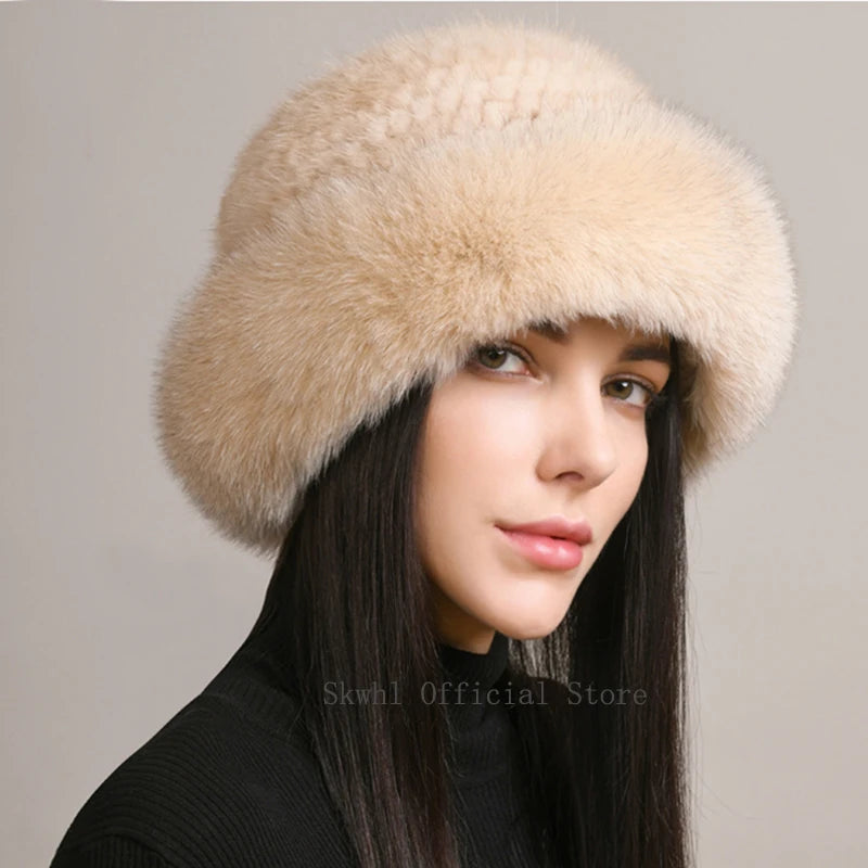 KIMLUD, New Genuine Real Natural Knitted Mink Fur Hat Cap Luxury Women Handmade Knit Fashion Winter Headwear Warm Real Fox Fur Beanies, KIMLUD Womens Clothes