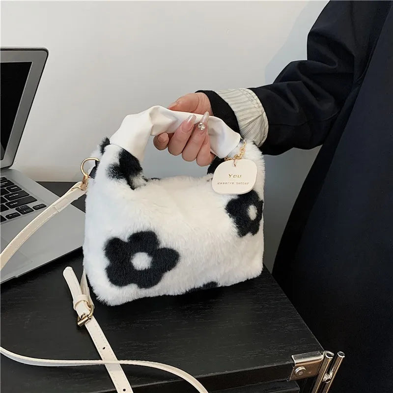 Women Faux Fur Soft Plush Handbags Ruched Handle Small Shoulder Crossbody Bag Casual Fluffy Totes Purse Winter Bags for Women