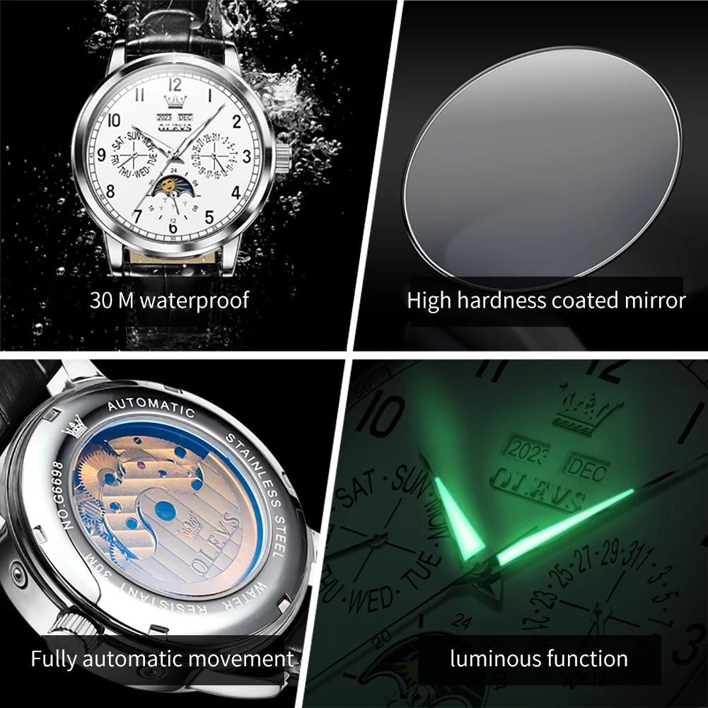 Leather Dress Watch Moon Phase Automatic — Black | KIMLUD