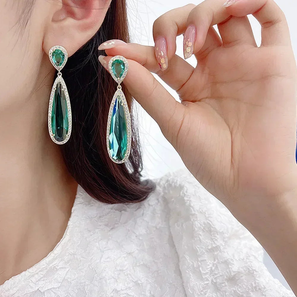 Cubic Zirconia Drop Earrings Water-Drop Inlaid — Emerald | KIMLUD
