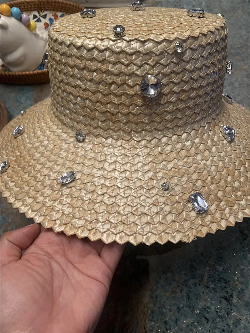 Pineapple Pattern Natural Straw Sun Hat Hand Sewn — Natural | KIMLUD