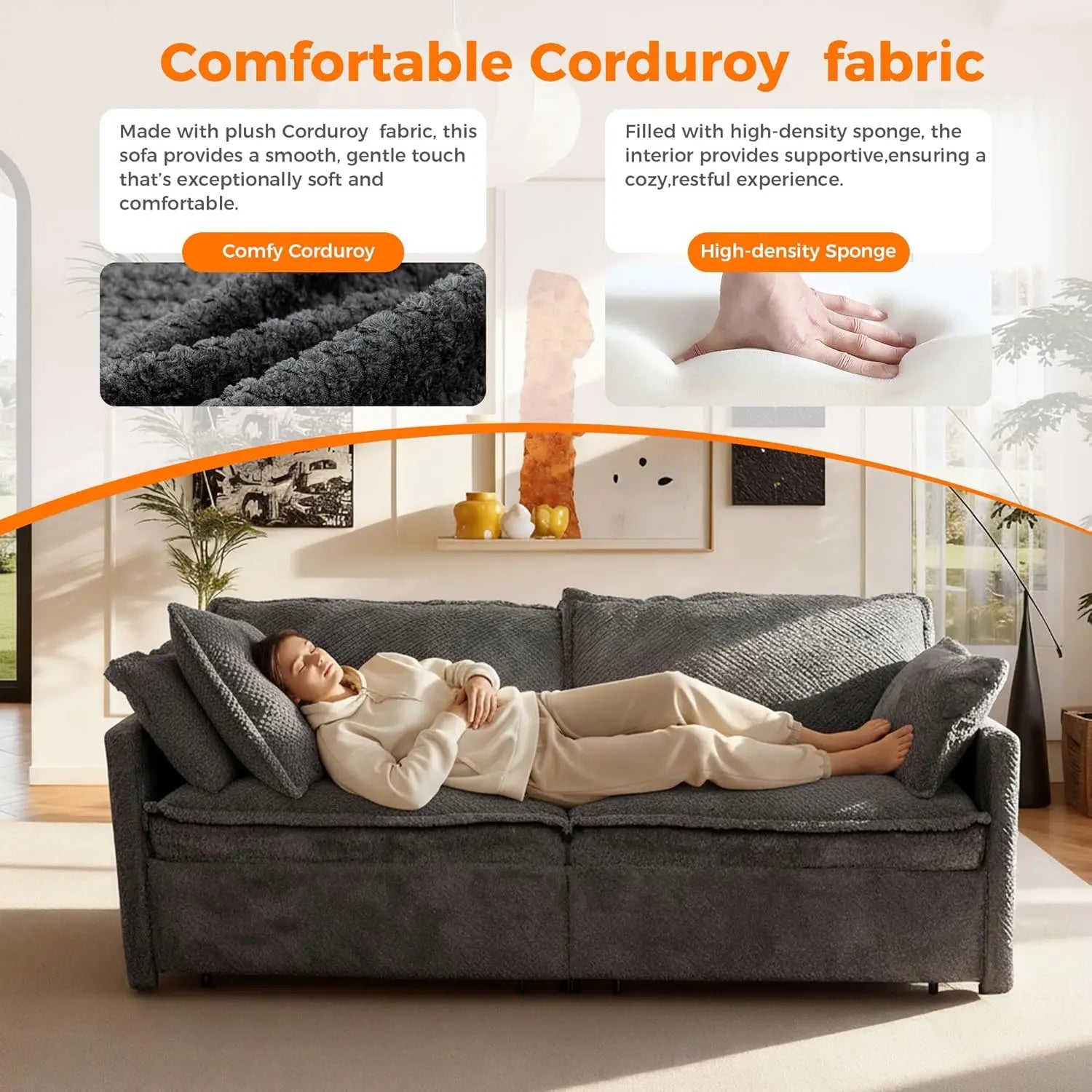 Corduroy Convertible Sofa Bed 3-in-1 — Grey | KIMLUD