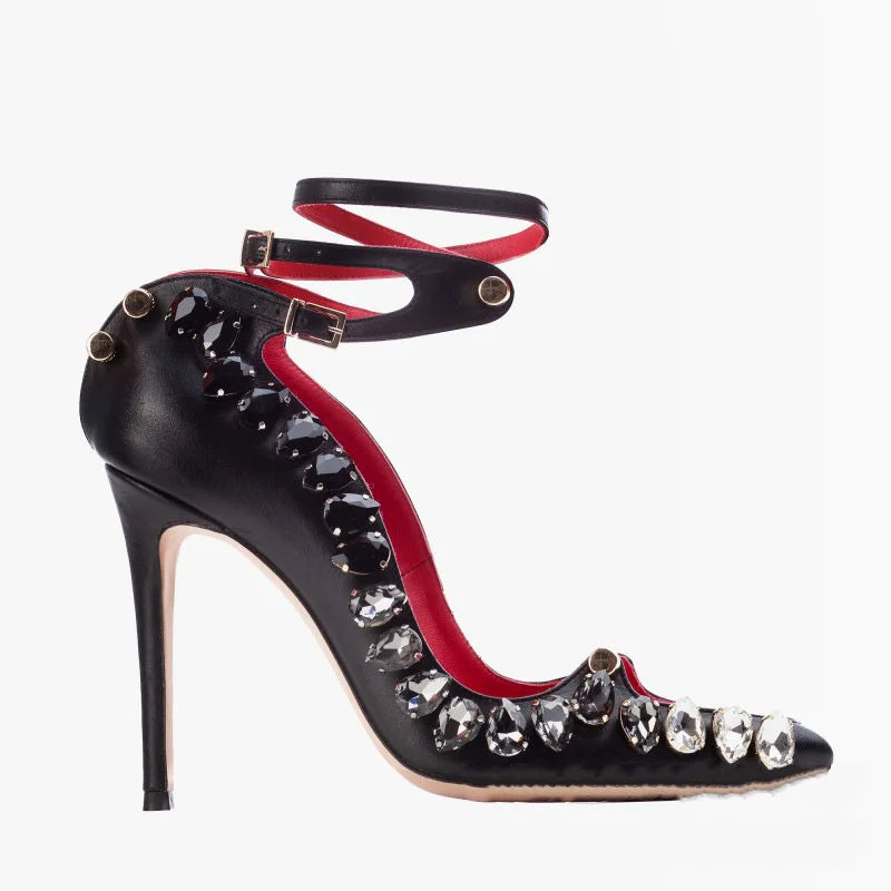 Crystal Embellished Patent Leather Pumps Crystal Trim — Black | KIMLUD