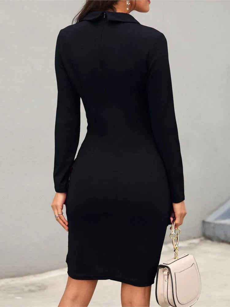 Lapel Long Sleeve Dress – Button Detail – Polyester | KIMLUD