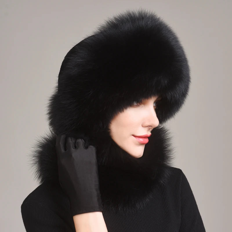 Real Fox Fur Hat With Rabbit Fur Top — Black | KIMLUD