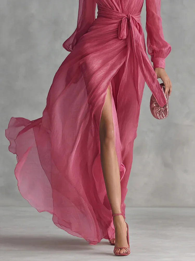 Maxi Dress – V Neck Lace-Up Detail – Polyester Silhouette – Solid Color | KIMLUD