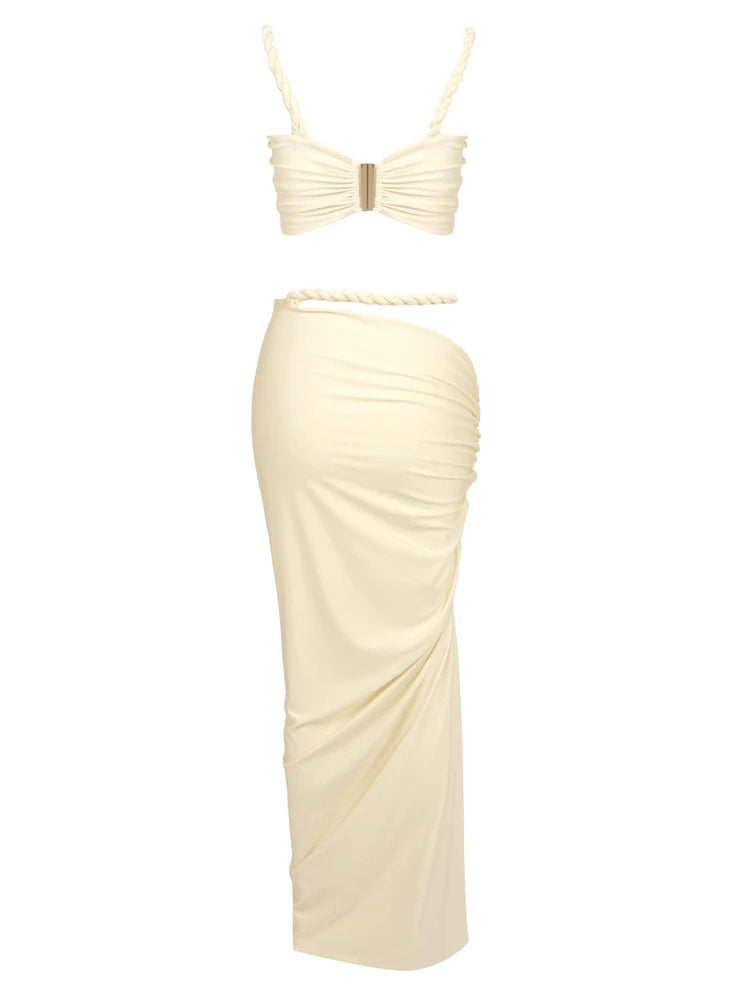 Two Piece Set – Crop Top And Ruched Bodycon Skirt – Polyester | KIMLUD