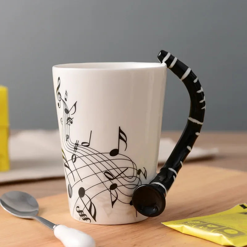 Bone China Mug With Music Note Motif And Delicate Guitar Handle — White | KIMLUD