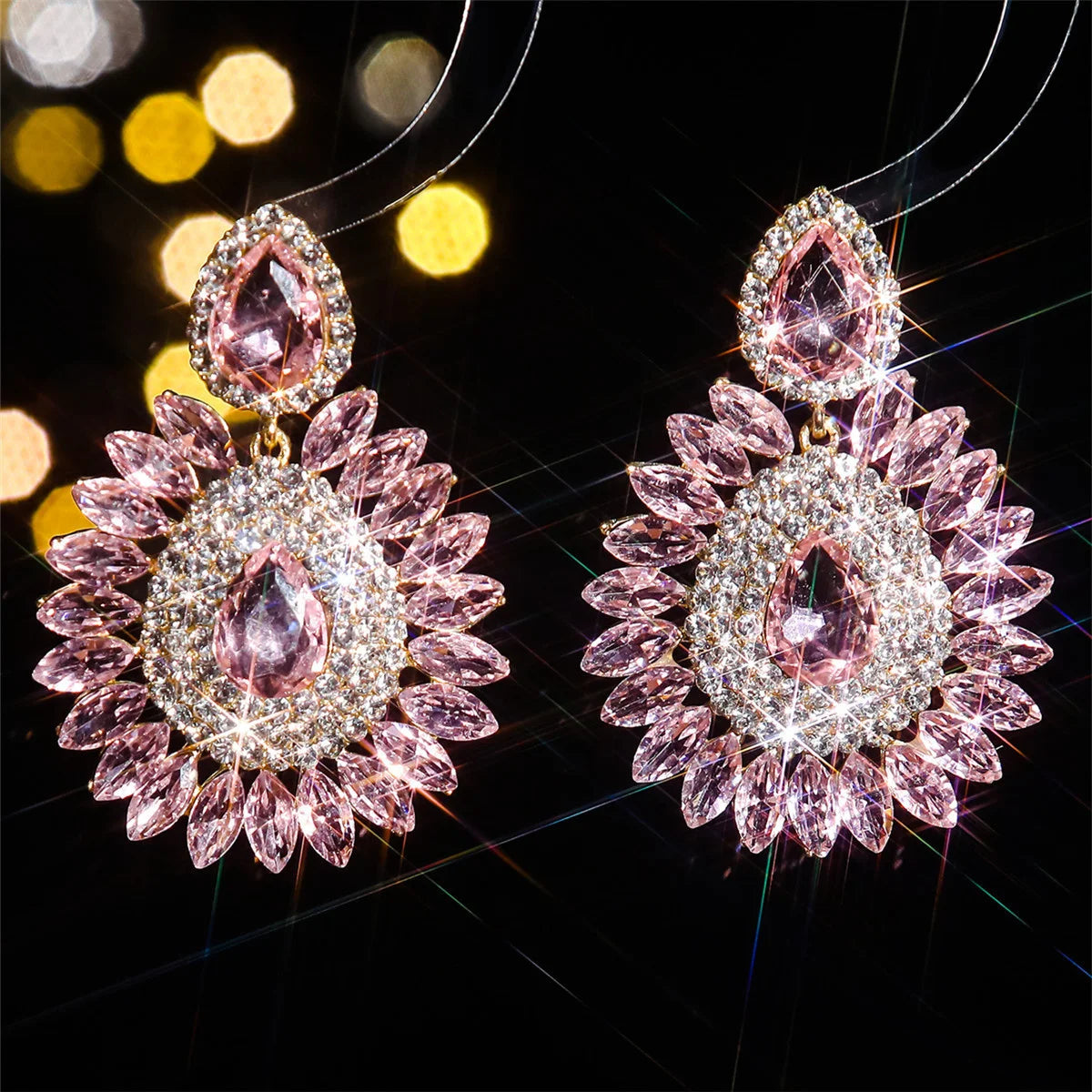 Drop Earrings Crystal Flower Shine Earrings Rhinestones — Pink | KIMLUD