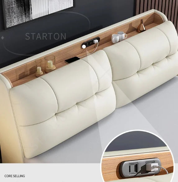 Pure White Nordic Style Oak Panel Queen Bed Frame Steel Frame Cama Modern Bed Queen Size Bed
