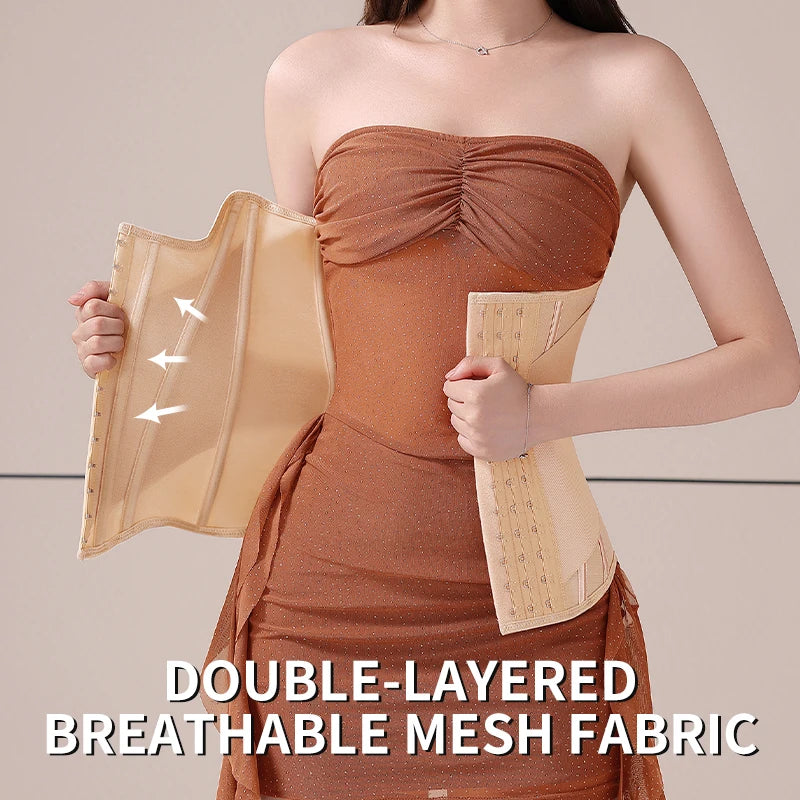 U-Shaped Steel Boned Waist Trainer Corset Buttoned Closure — Beige | KIMLUD