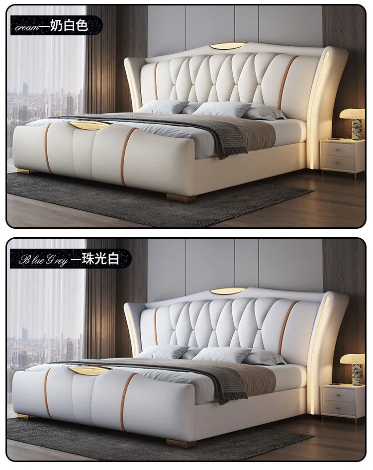 Leather Bed Frame With Lit Headboard — Ivory-Beige | KIMLUD