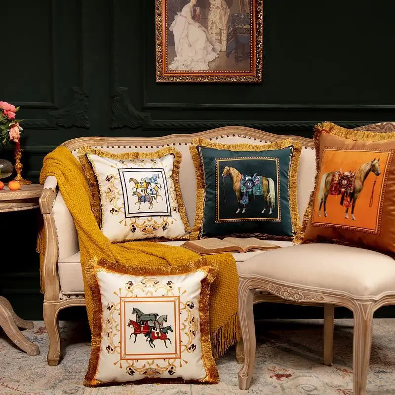European Retro Horse Printed Pillow Cover Sofa Gold Tassel Pillowcase Velvet Fabric Cushion Cover