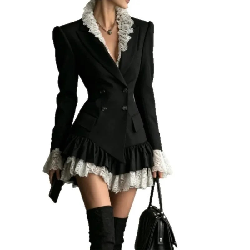 Mini Dress – Double Breasted Lapel – Lace Ruffle Silhouette – Polyester | KIMLUD