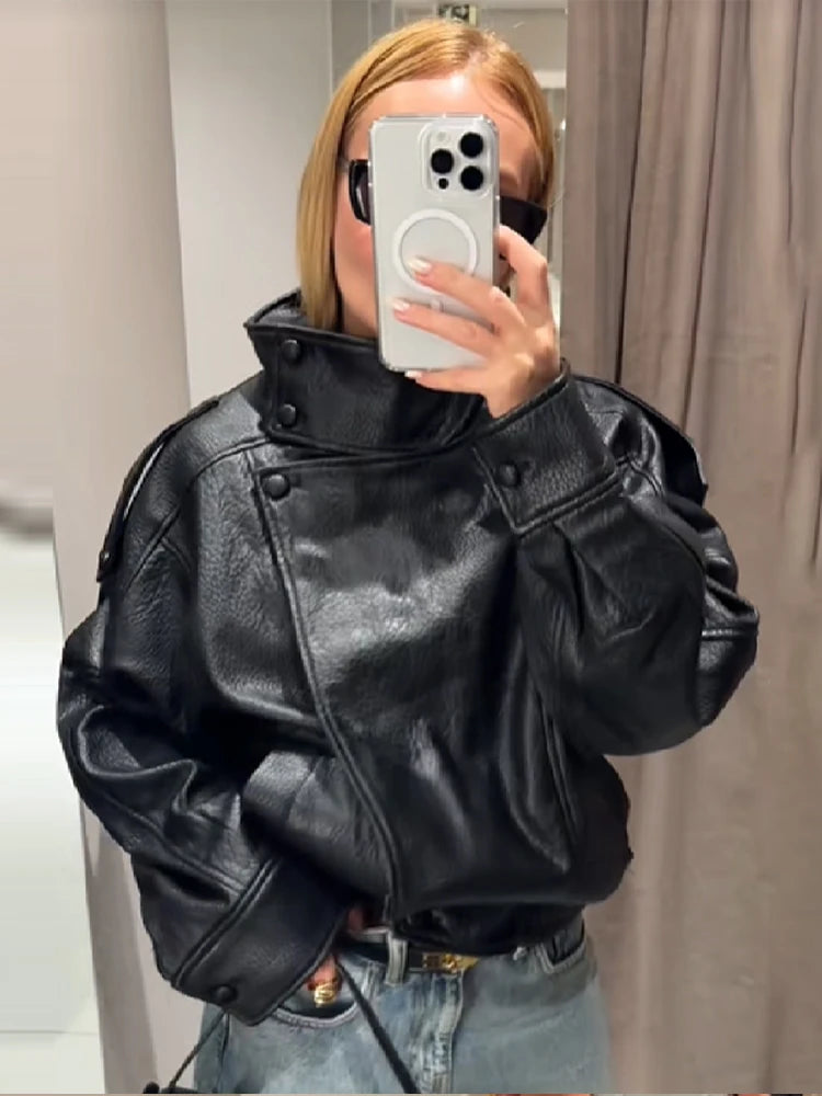 Stylish Pu Leather Jacket Stand-collar Loose Long Sleeved Coat Cool Casual Chic Versatile Outerwear New Autumn Women Streetwear