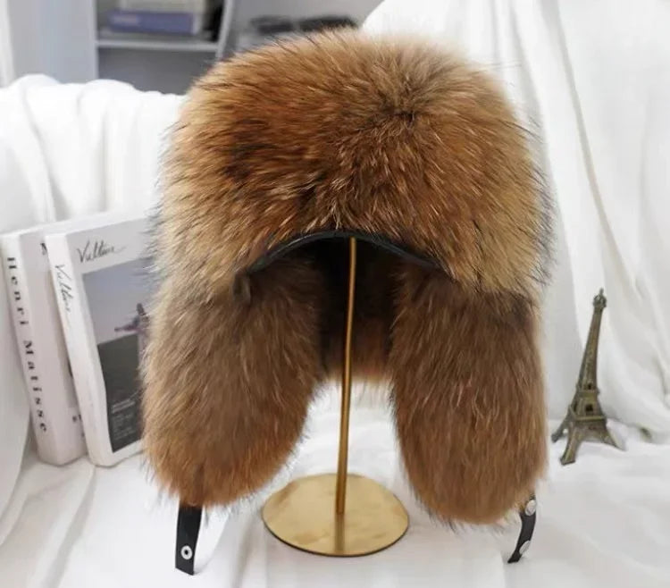 Real Silver Fox Fur Bomber Hat Leather Top — Silver | KIMLUD