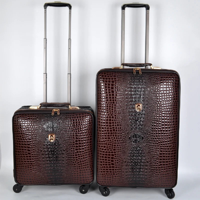 Suitcases Crocodile Pattern Leather Rolling Spinner Wheels — Brown | KIMLUD